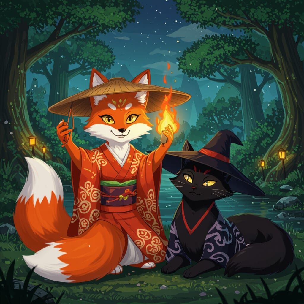 Fire Kitsune Takes Selfie with Shadow Kitsune in Magical Wor...