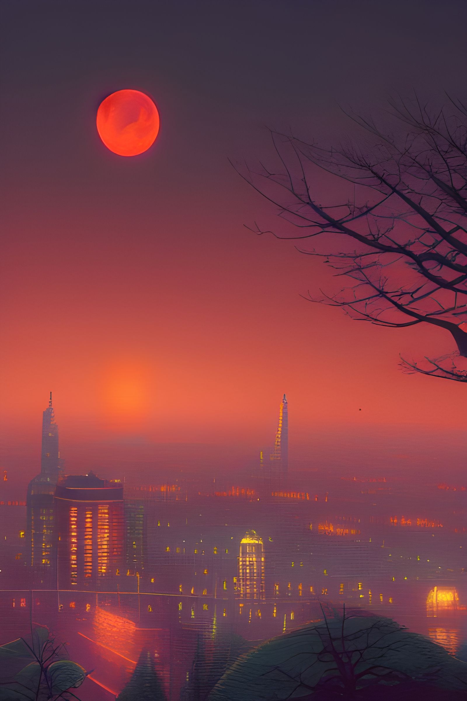 Red Moon Over City: Photorealistic Digital Illustration