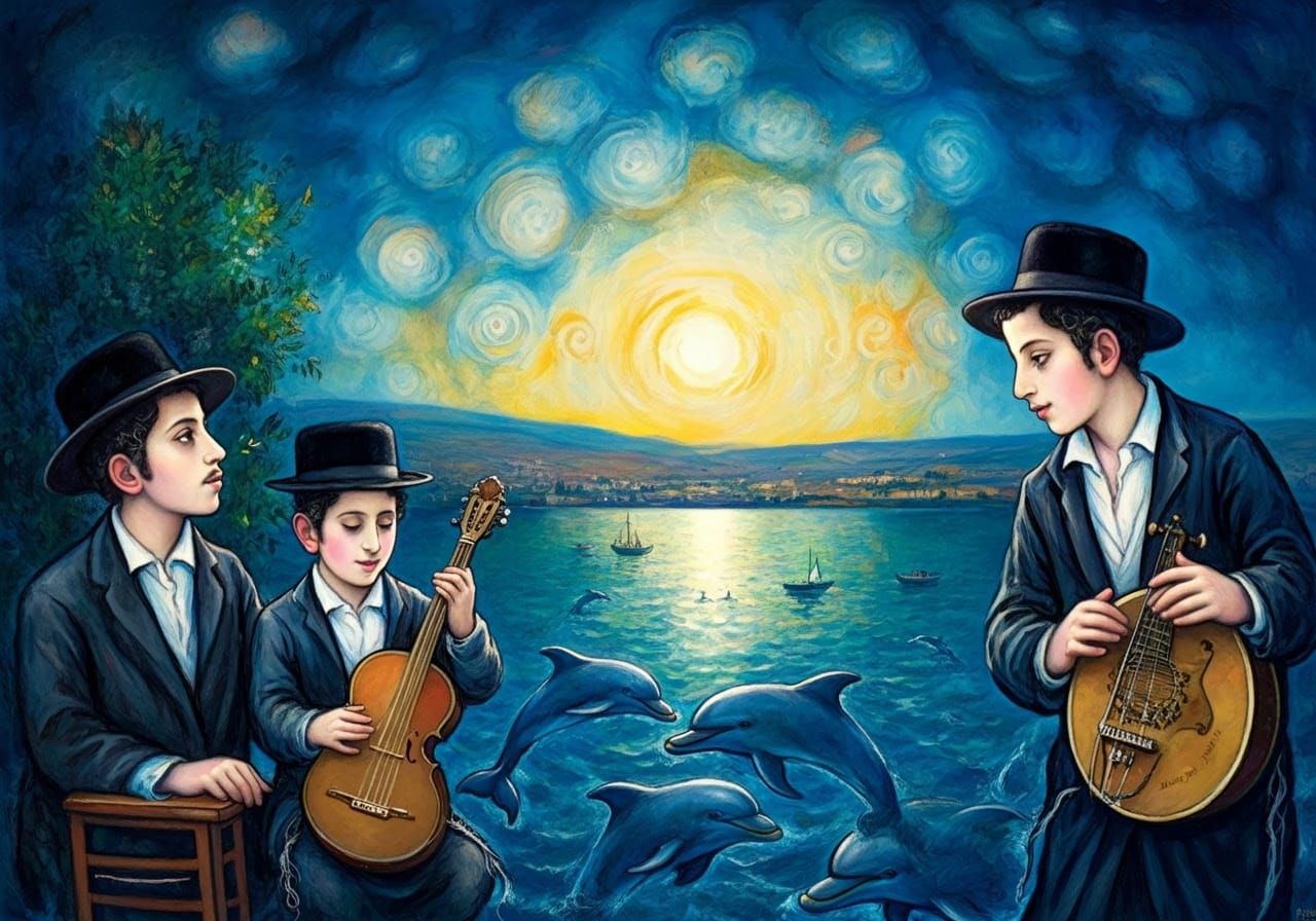 Haredi Boys Play with Dolphins in Vibrant Sea of Galilee Sce...