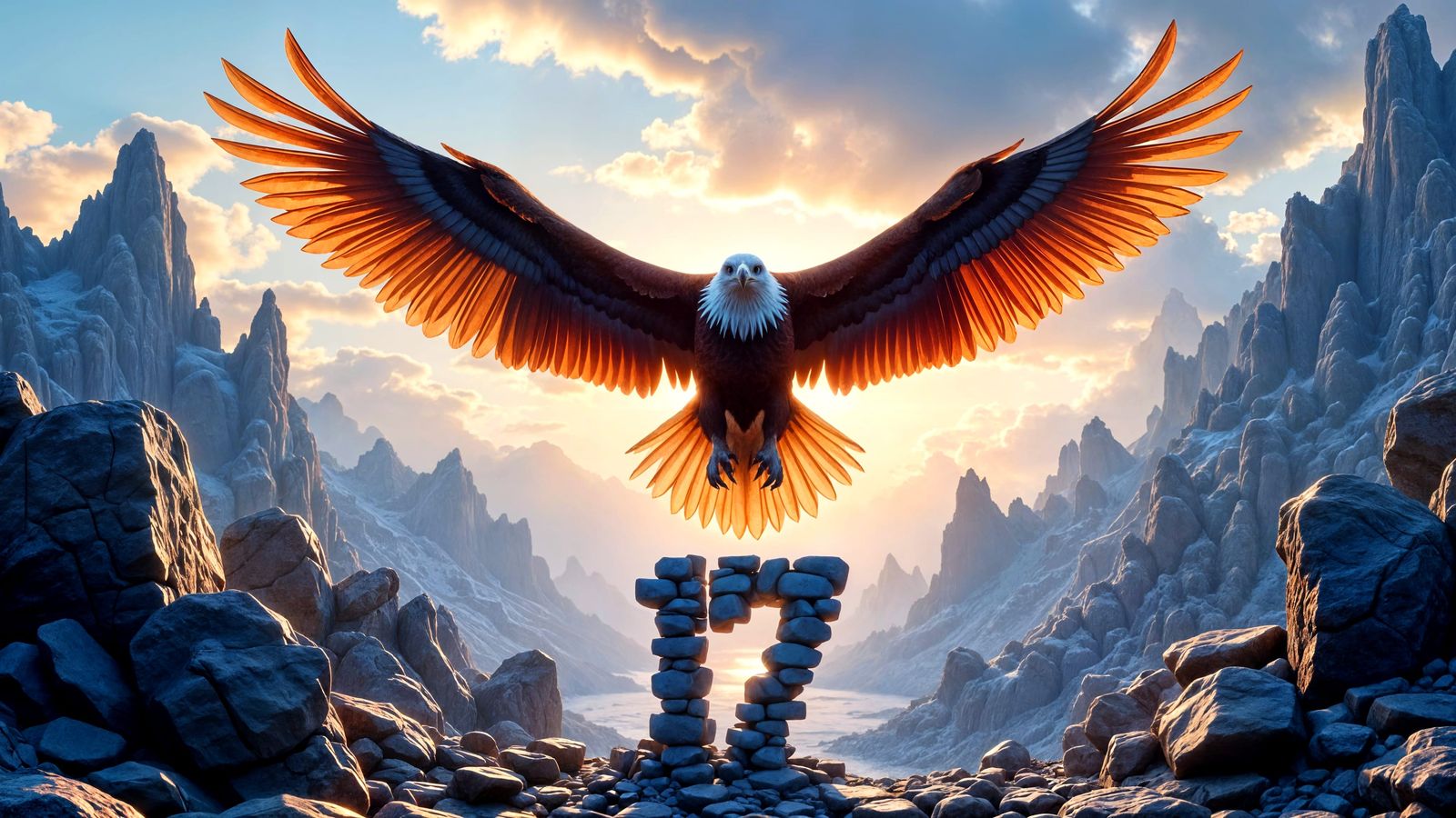Majestic Eagle Soars Over Mountains with '17' Stone Typograp...