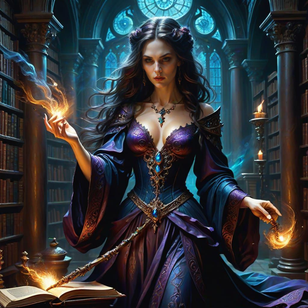 Gothic Sorceress Conjuring Energy in Ancient Library