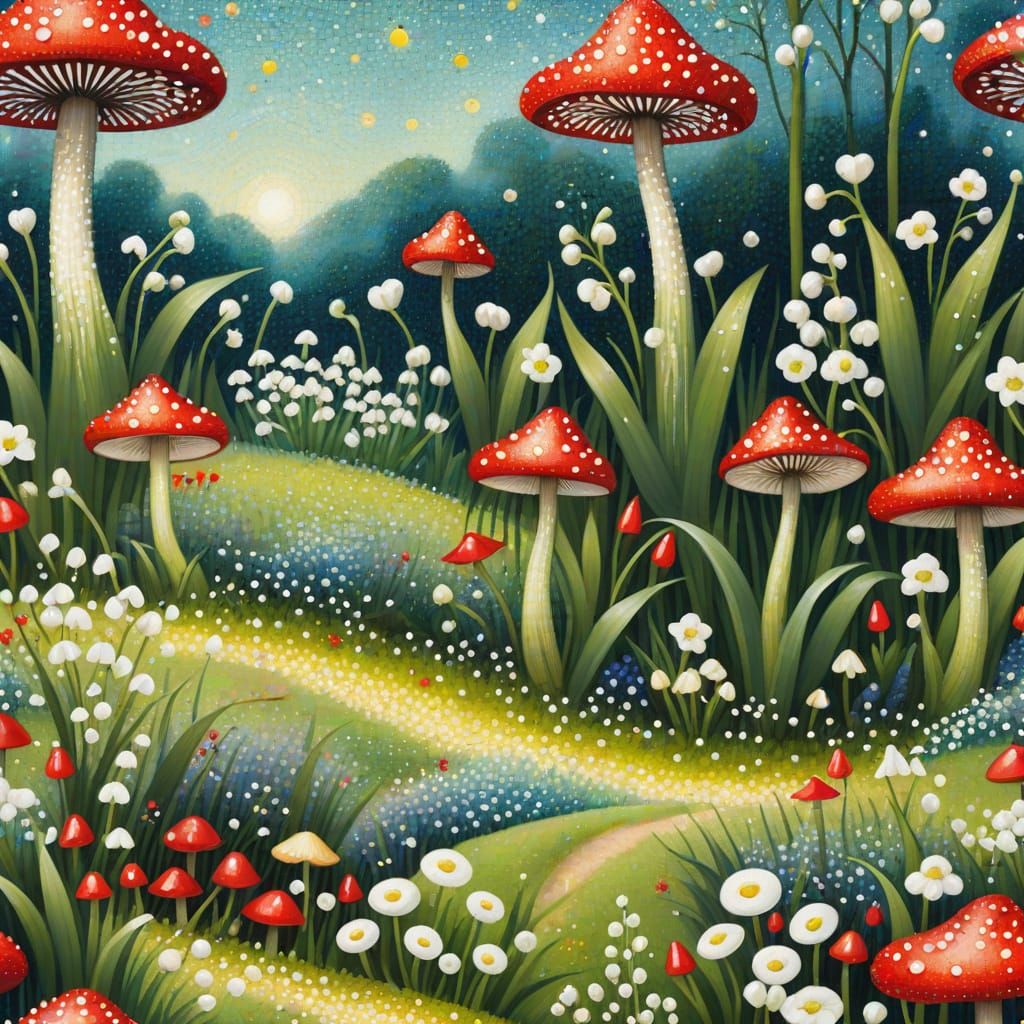 Whimsical Pointillist Springtime Scene with Red Toadstools a...