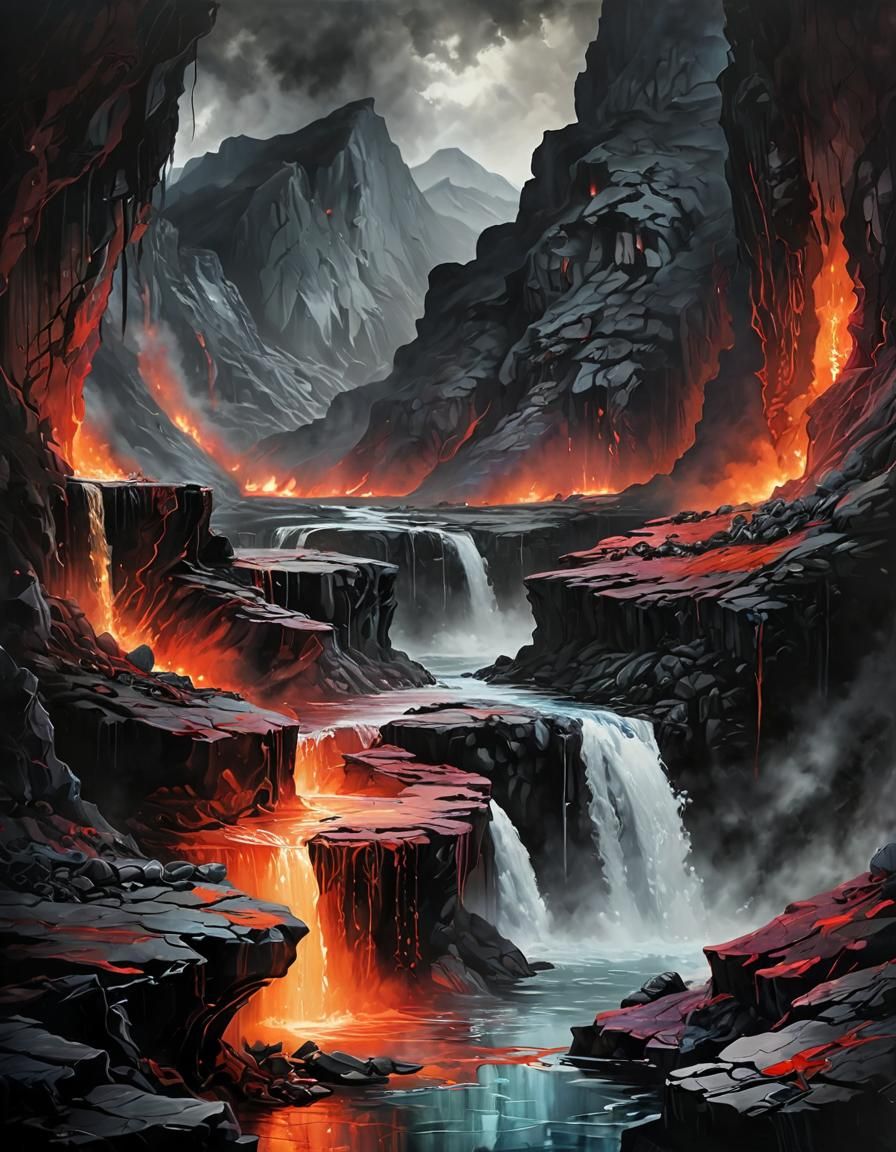 Fiery Rivers in Oil Painting Underworld Landscape