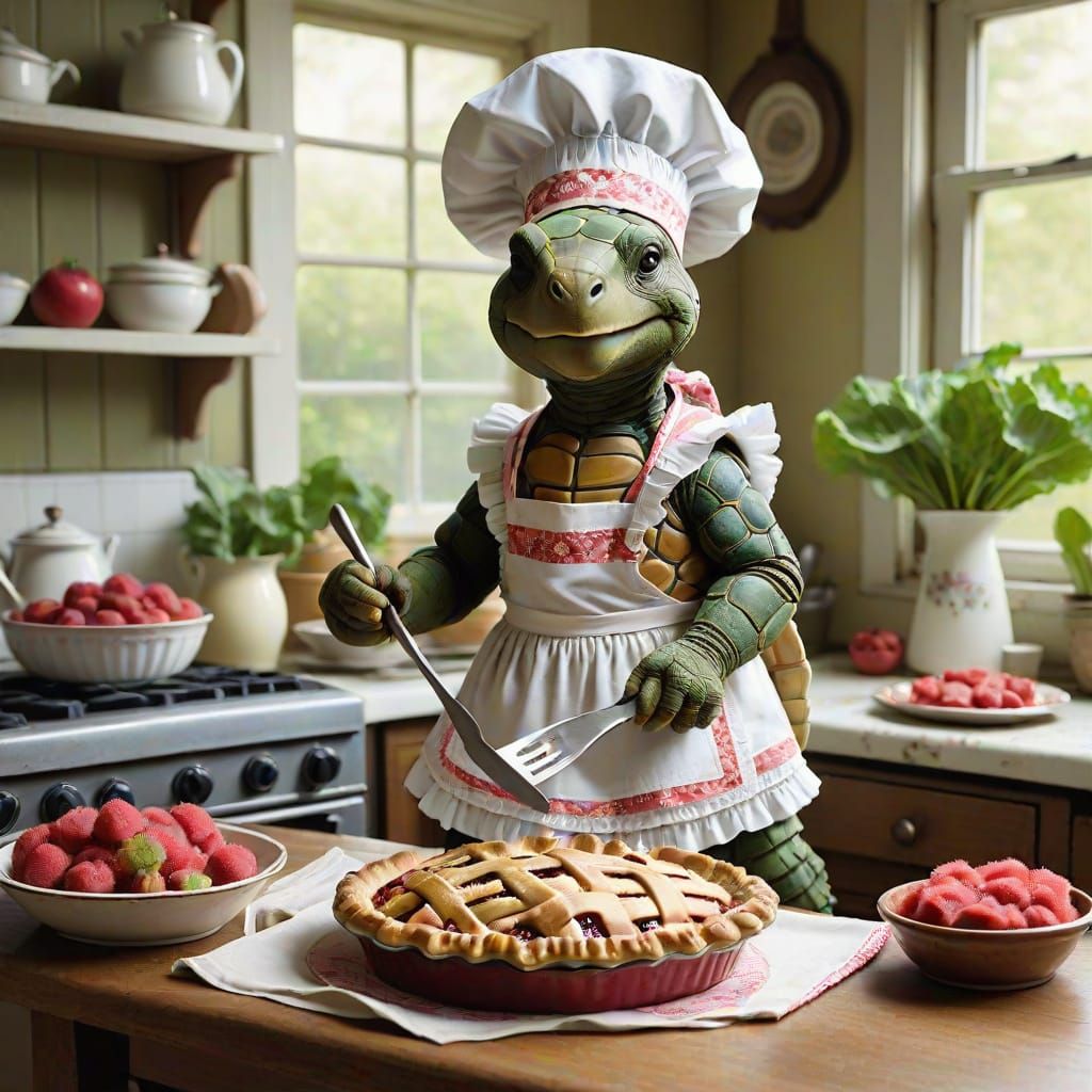 Turtle Chef Baking Rhubarb Pie in Vintage Kitchen
