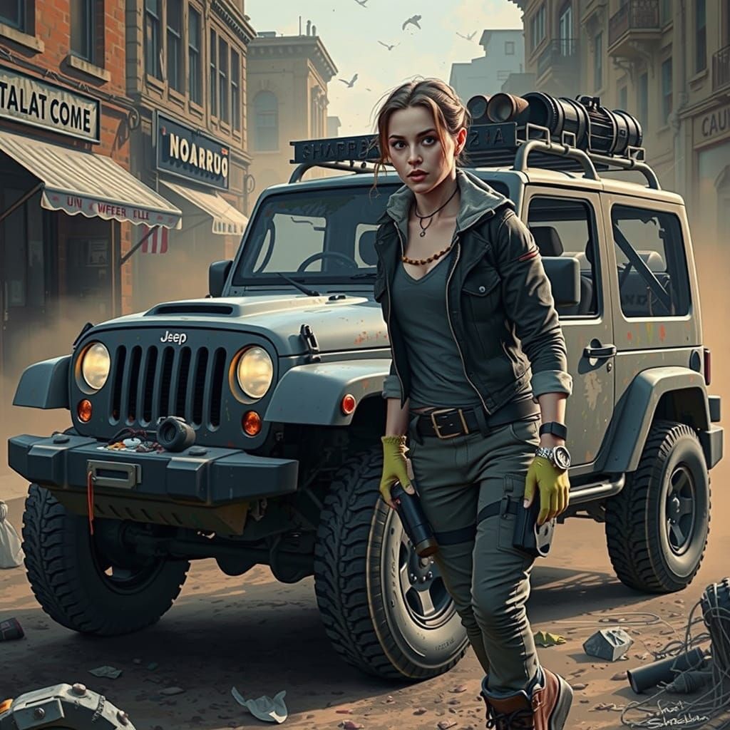 Zombie Apocalypse Jeep with Croft, Comic Book Art