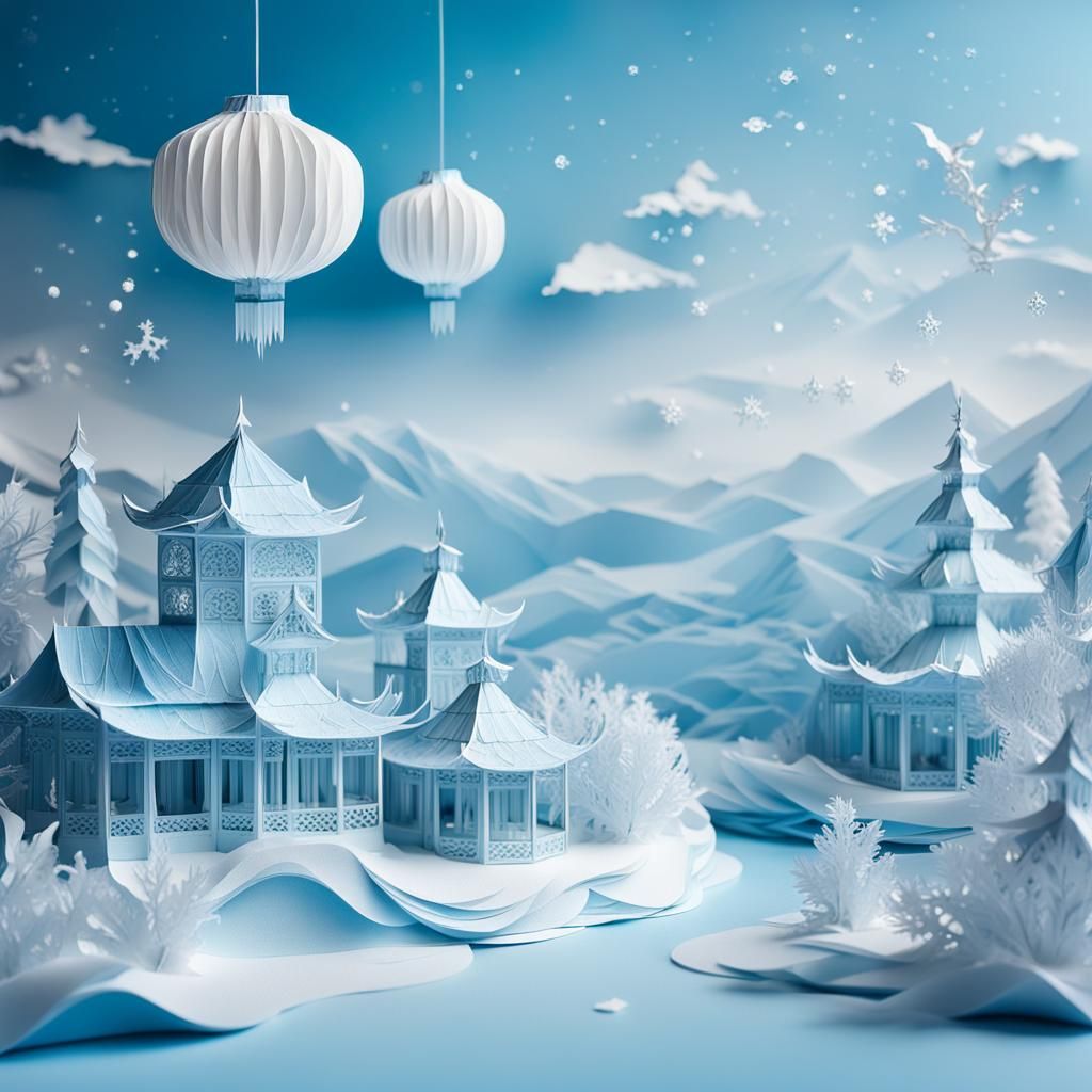 Icy Rococo Winter Landscape in Papercraft Style
