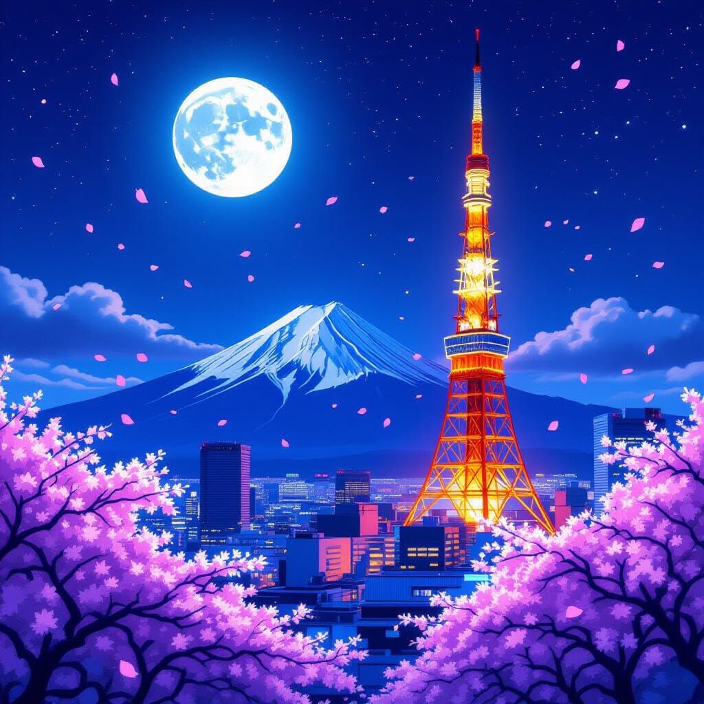 A stunning night view in Japan featuring the Tokyo Skytree and Tokyo Tower both glowing with vibrant lights. In the back...