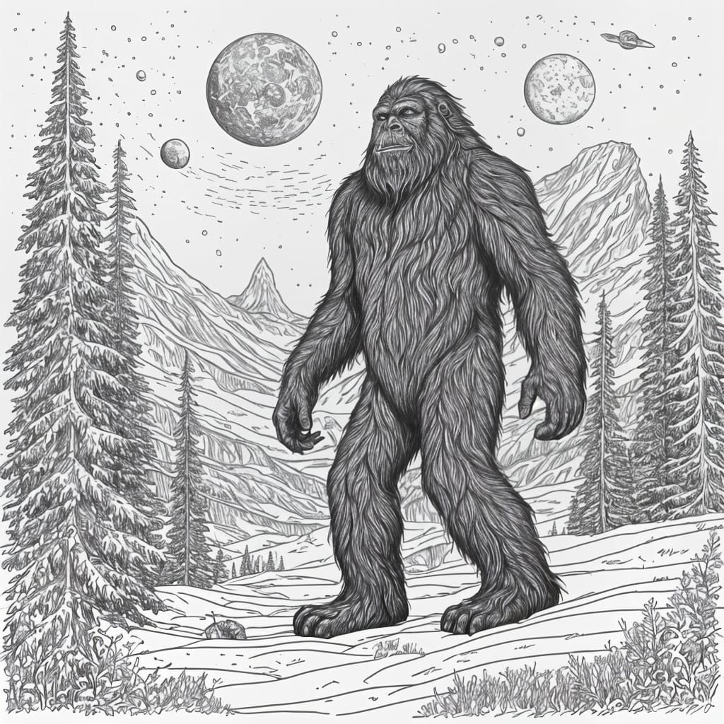 Space Sasquatch: Black Outline on White