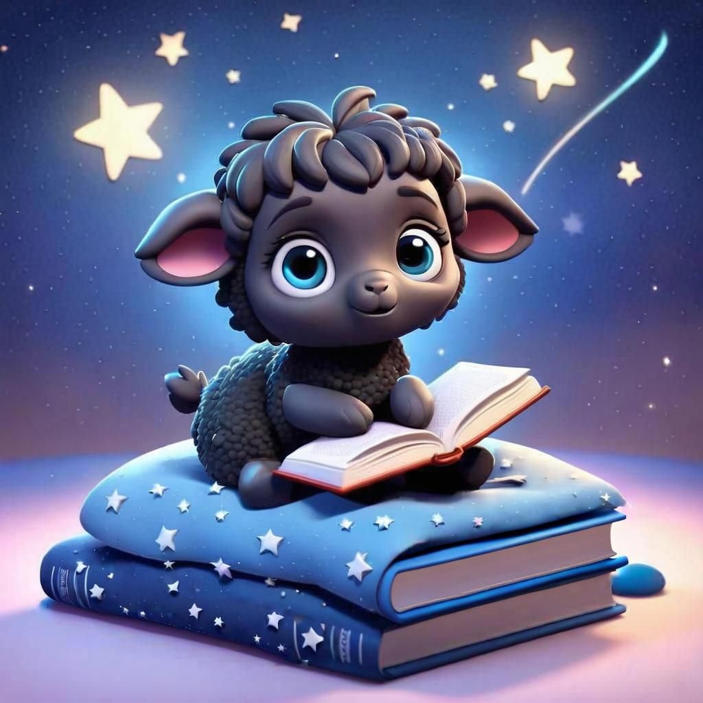 Cute Chibi Lamb Reads Bedtime Story at Night