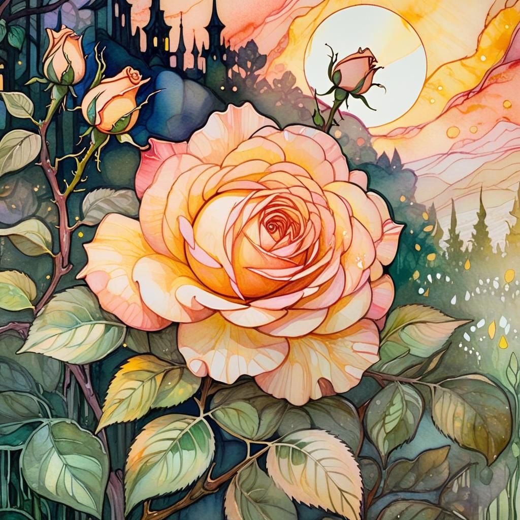 Cel-Shaded Rose in Twilight Garden Landscape