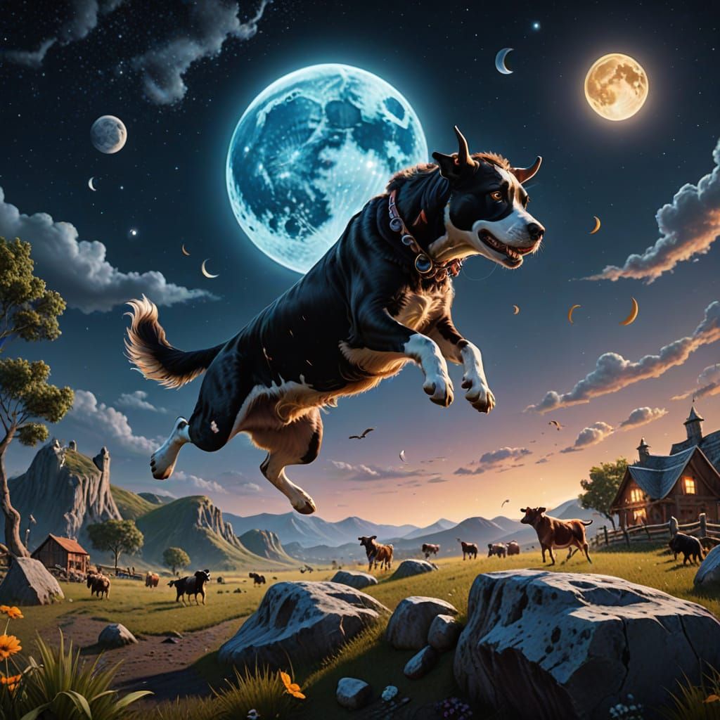 Fantastical Dog Jumps Over Moon with Cow Playing Violin