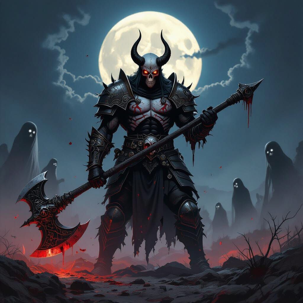 Devilish Armored Figure in War Landscape, Dark Fantasy Art