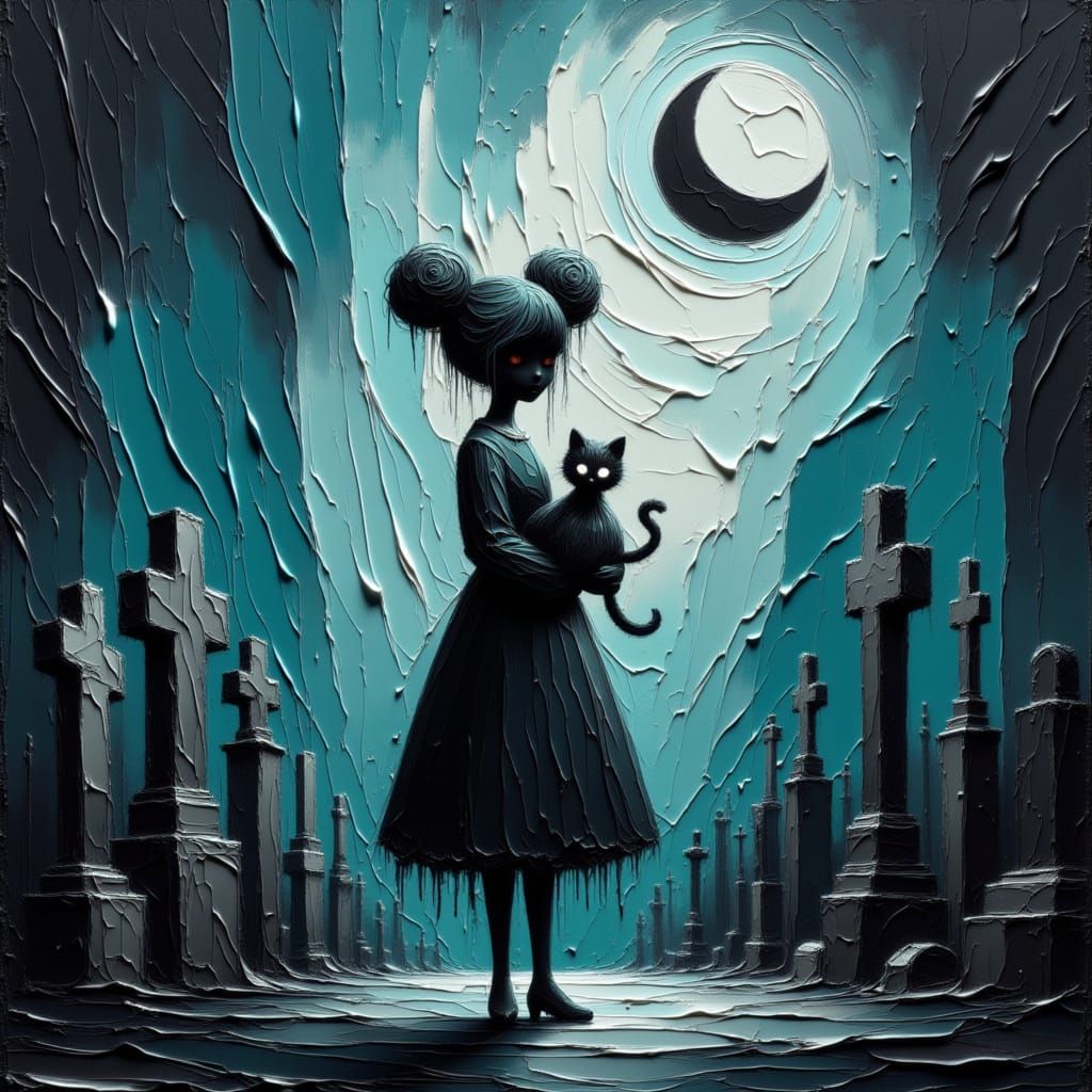 Moonchild in Desolate Cemetery Under Full Moon