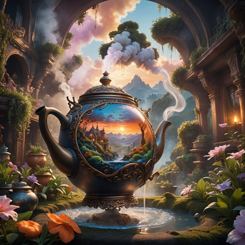 Mystical Landscape Through Teapot Spout, Fantasy Art