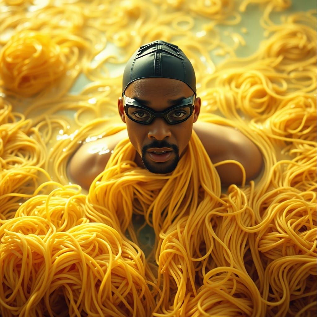 Determined Swimmer Plunges into a Sea of Golden Spaghetti