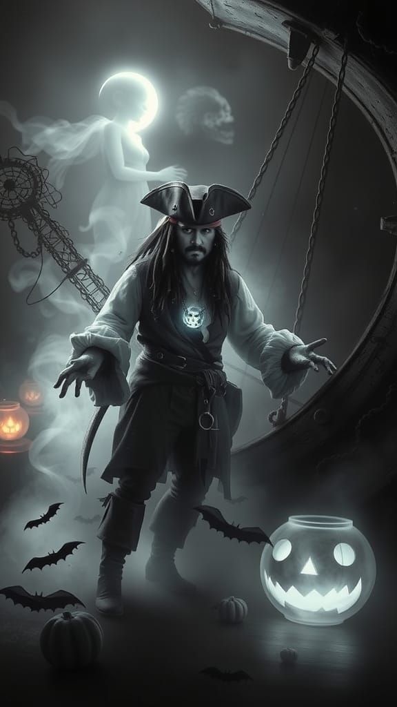 Surreal ghost of Captain  Jack Sparrow   celebrating Halloween  rayograph Man Ray collection of random b&W objects, ligh...