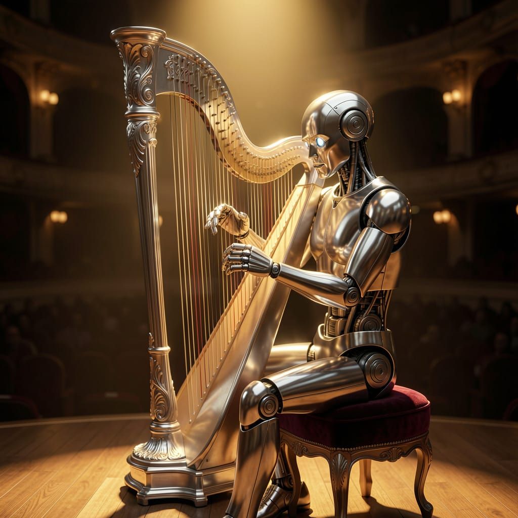 Robot Plays Silver Harp in Opulent Concert Hall