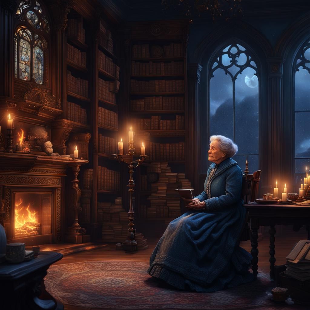 Victorian Library: Old Woman by Fireplace