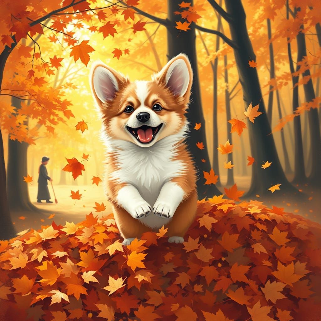 Fluffy Corgi Puppy Leaps into Autumn Leaves