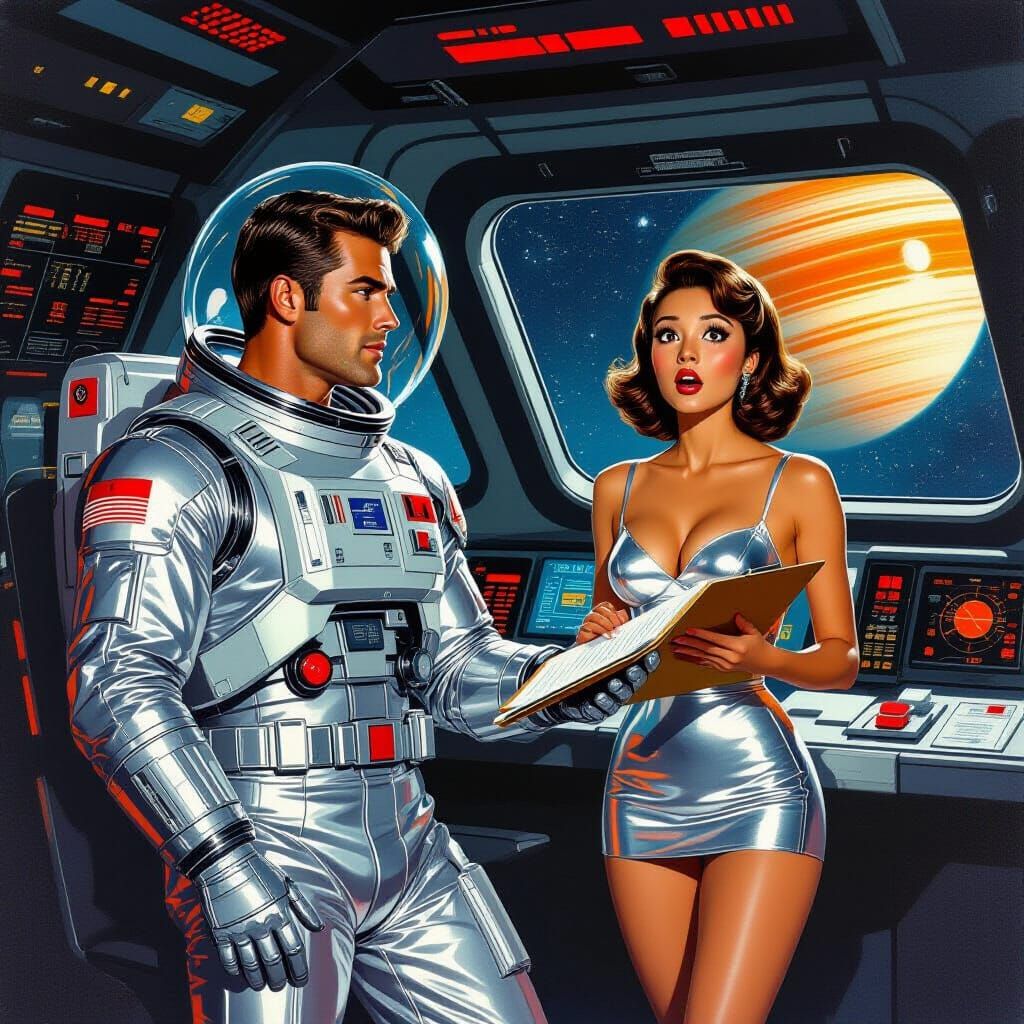 Retro Sci-Fi Starship Captain and First Mate on Bridge