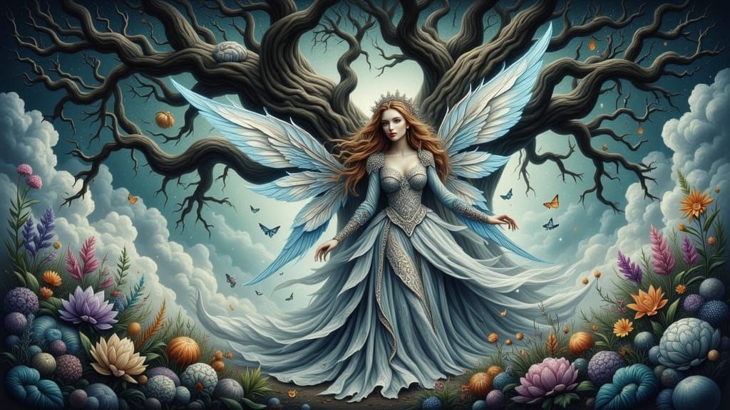 Celestial Nymph Protecting Ancient Oak in Dreamy Landscape
