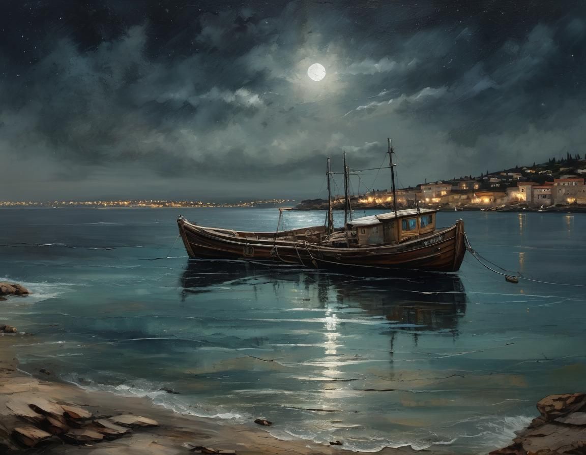 Rustic Fishing Boat at Night as Acrylic Painting