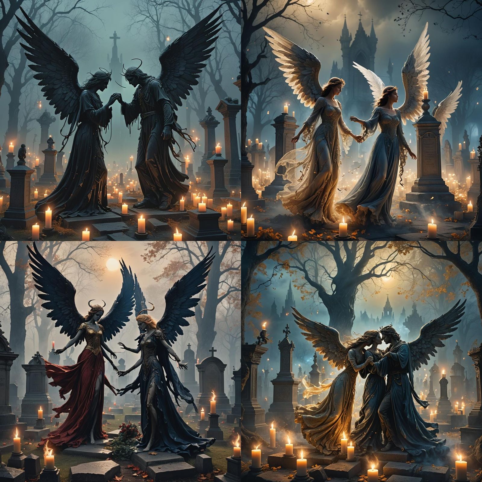 Angel and Demon Kiss in Mystical Cemetery
