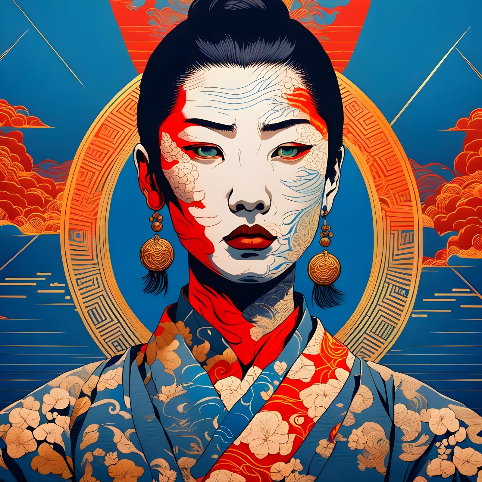 Intense Yakuza Woman Portrait in Ukiyo-e Style