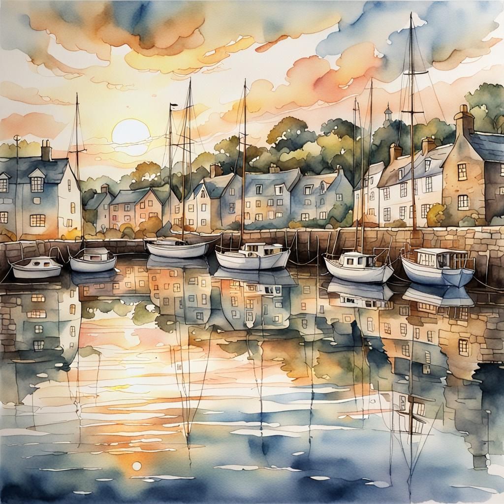 Tobamory Harbour Sunset in Watercolour and Ink