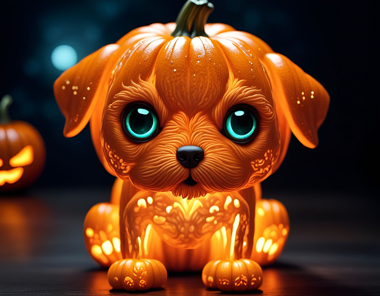 Adorable Pumpkin Puppy with Glowing Bioluminescence
