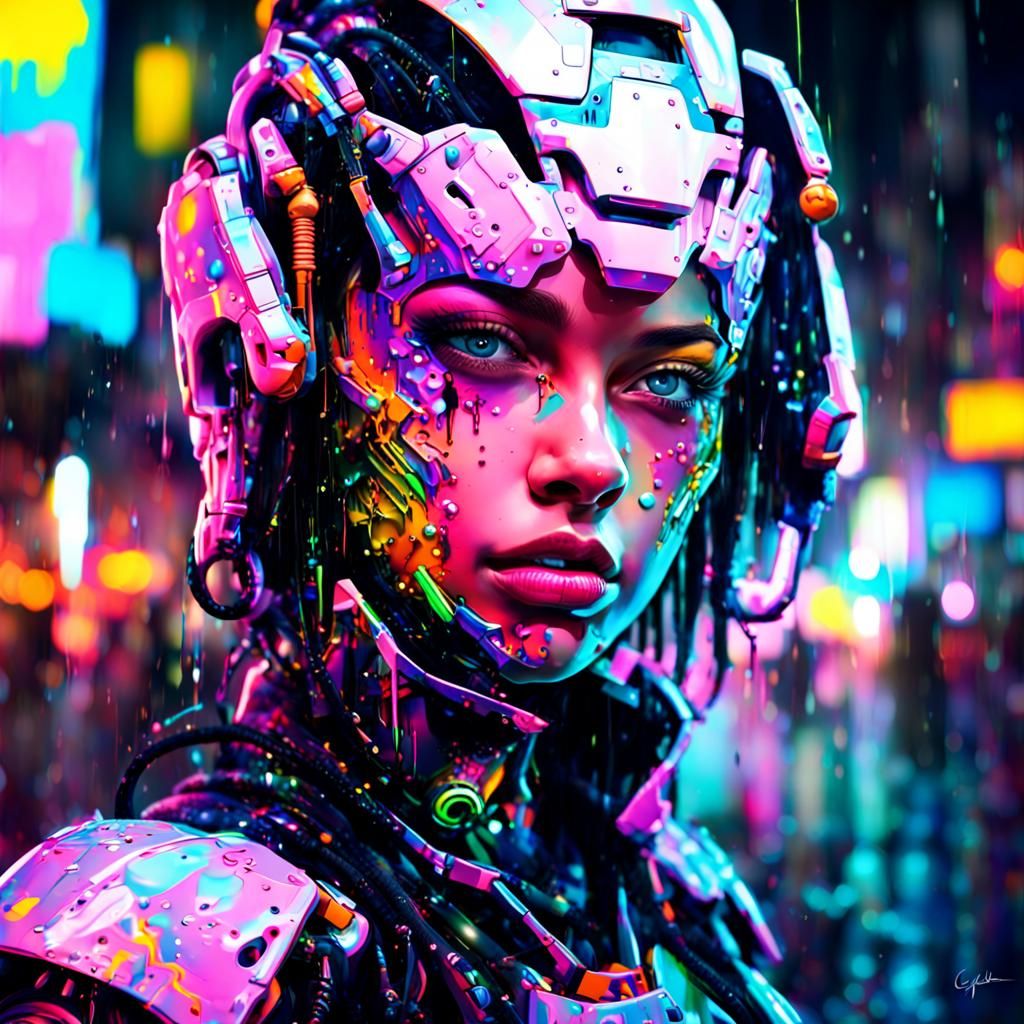 Cyborg Girl Portrait in Neon City Graffiti Art