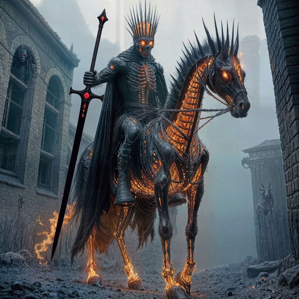 Skeletal Rider on Fiery Horse in Gothic City