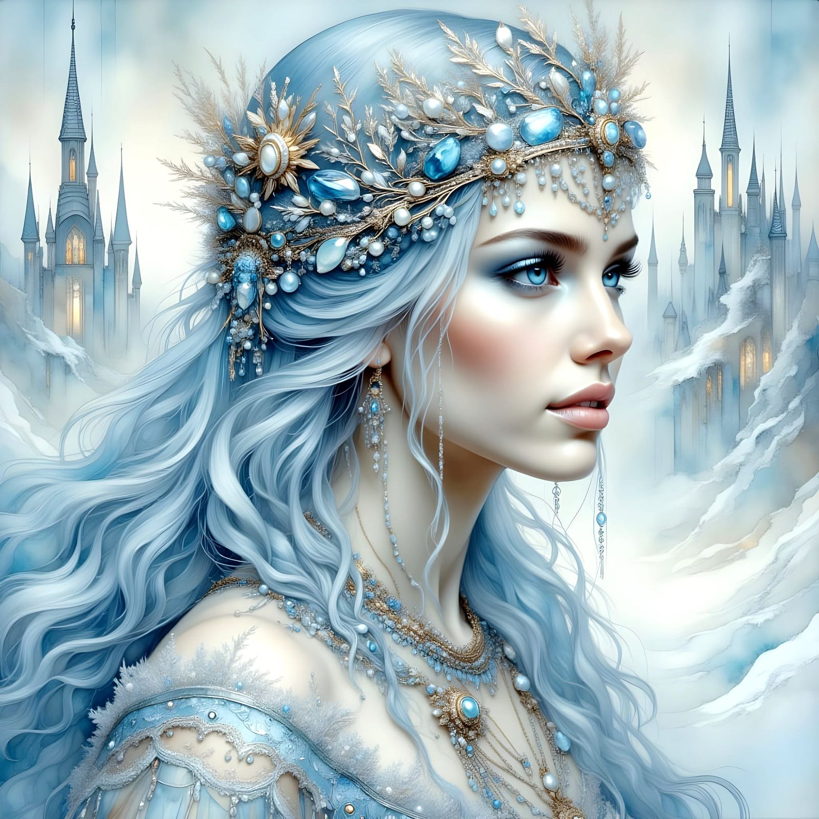 Ethereal Ice Queen with Crystalline Crown and Ice Castle