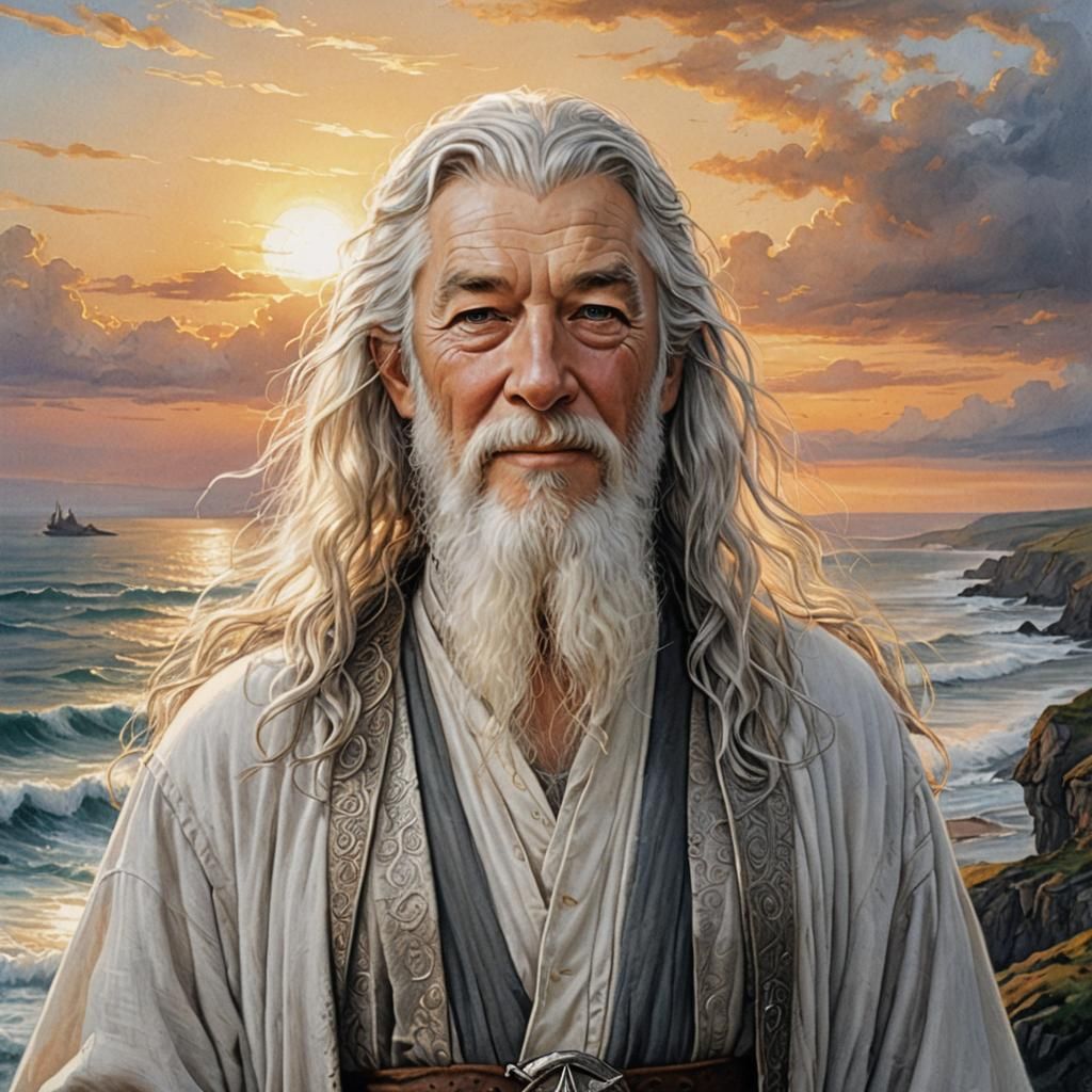 Gandalf Gazing at Sunset: Detailed Pencil Art