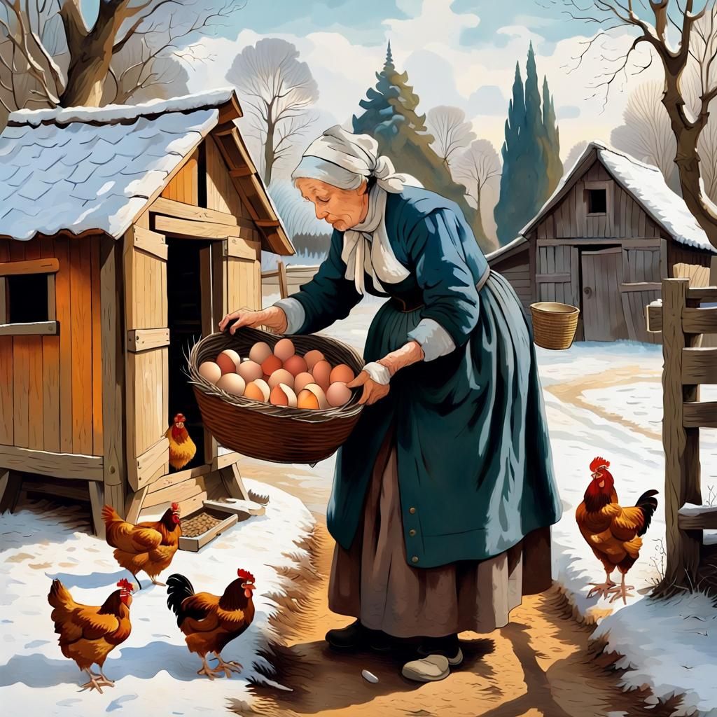 Old Woman Collects Eggs: Renaissance Winter Scene
