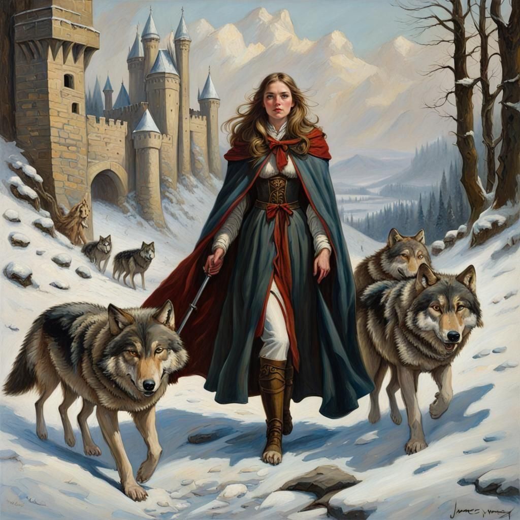 Woman Hunting with Wolves in Snowy Castle Landscape