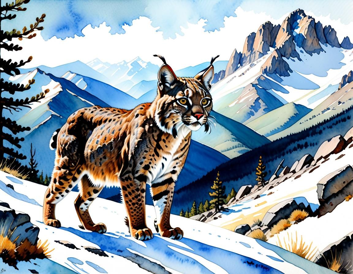 Bobcat Portrait in Wyoming: Watercolor Storybook Illustratio...