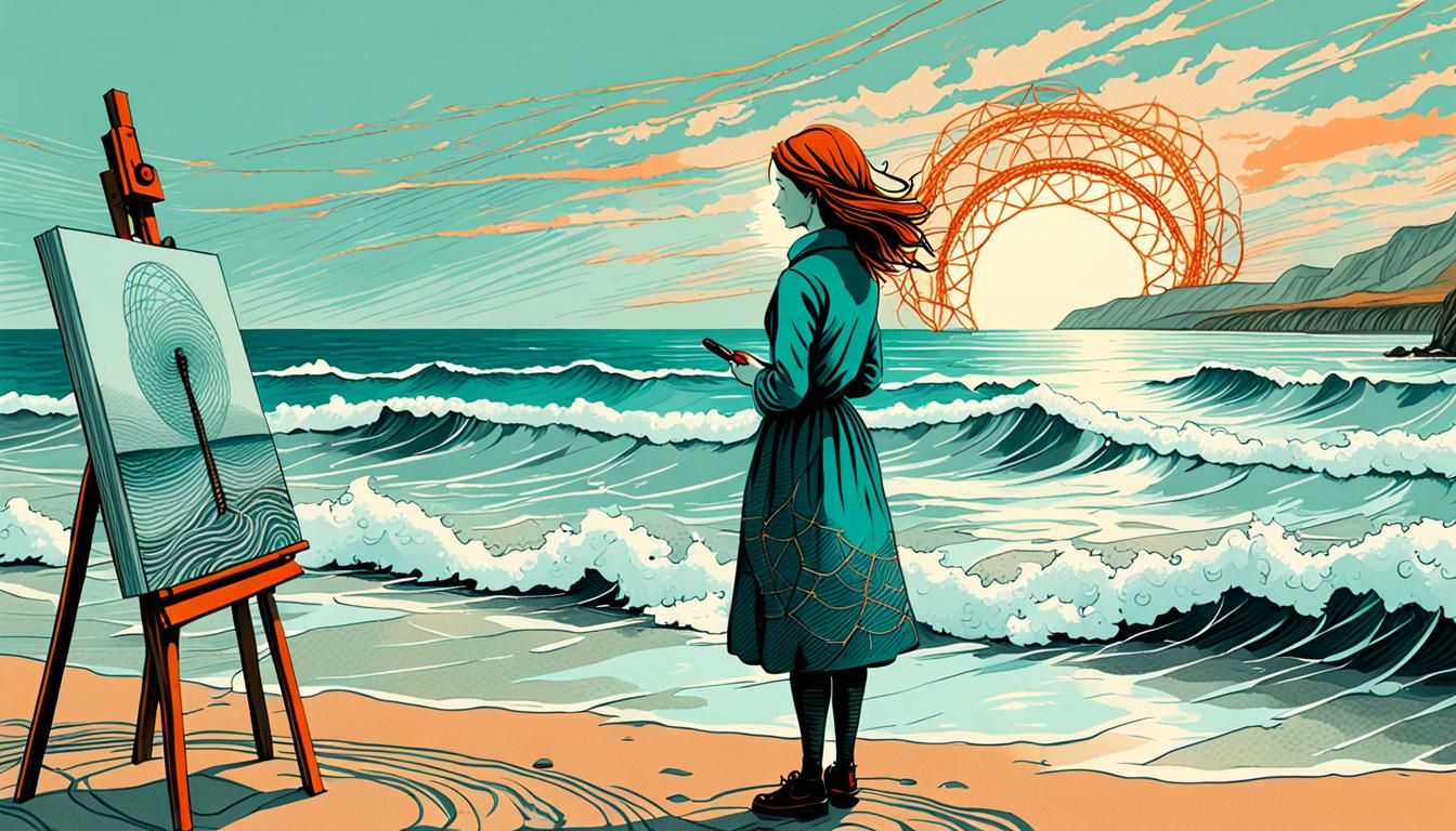 Seascape Painting with Cross-Hatching Style