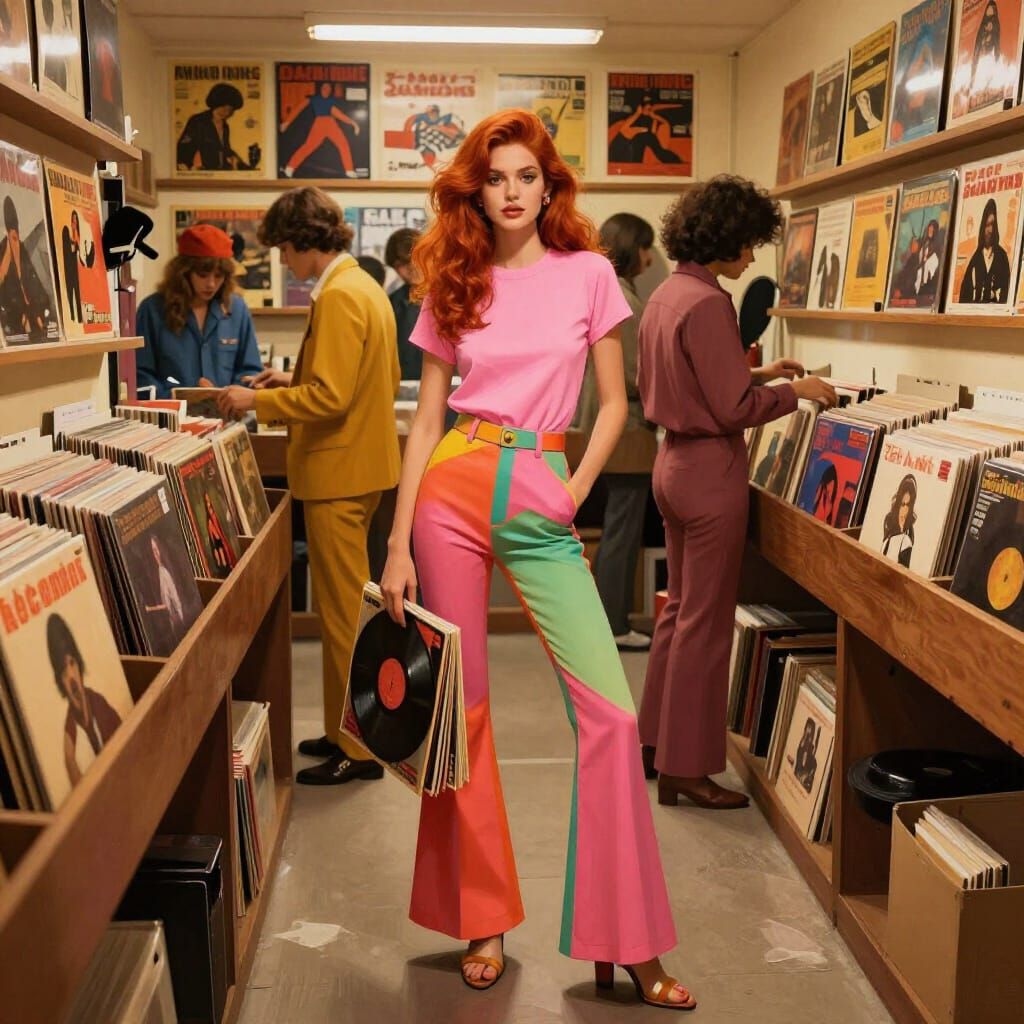 1970s Fashion Model with Records in Retro Store