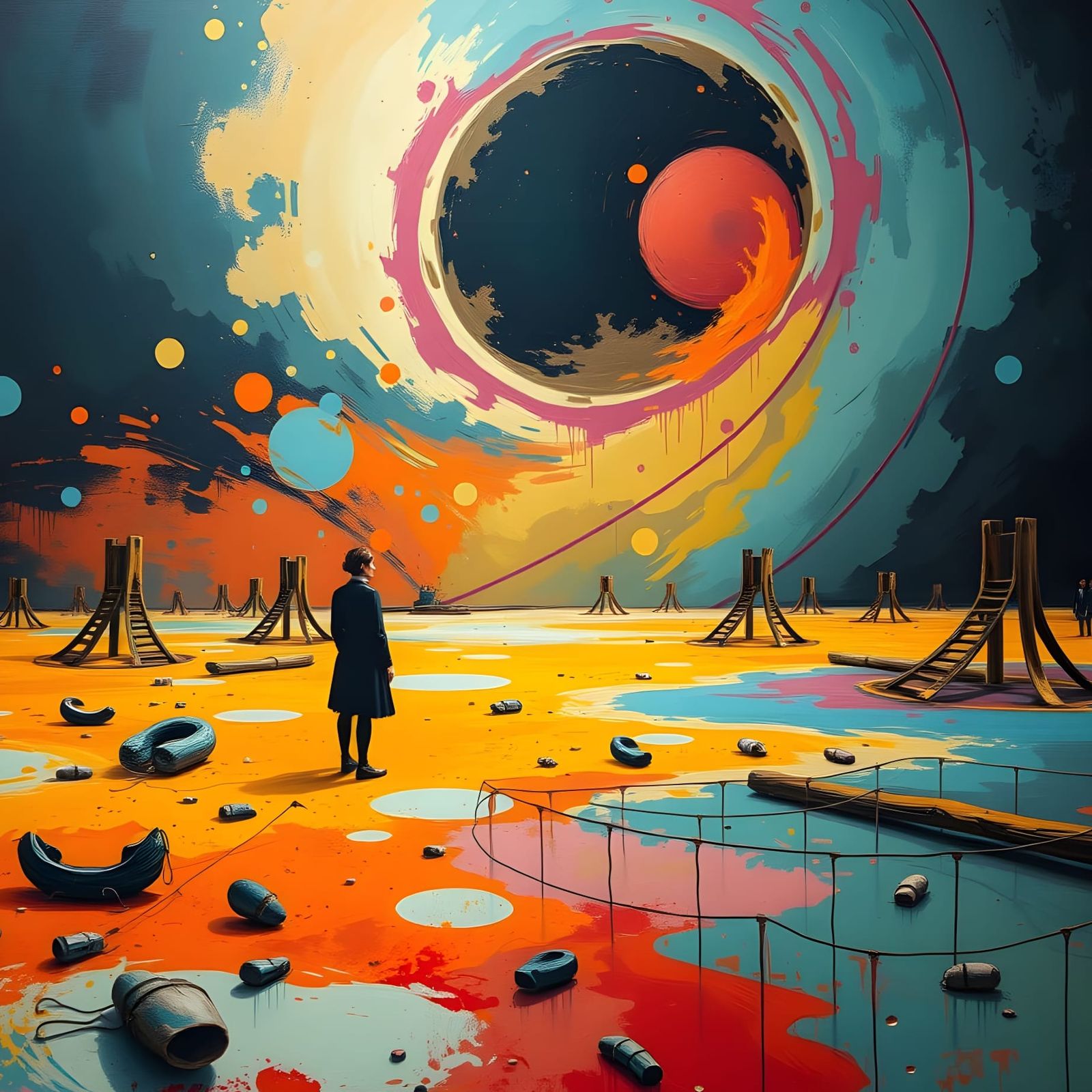 Surreal Playground of Broken Hearts in Vibrant Abstract Art
