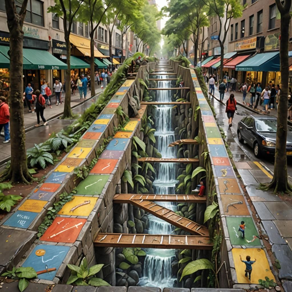 Surreal Chutes and Ladders Trompe-l'oeil Street Art