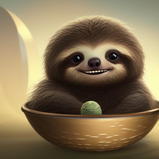 Portrait of a round fluffy cute smiling baby sloth sitting in a bowl, 8k resolution concept art Hyperdetailed Matte pain...