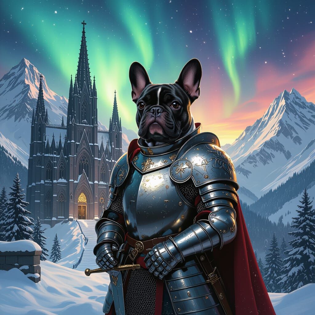 French Bulldog Knight Guards Gothic Cathedral Under Aurora