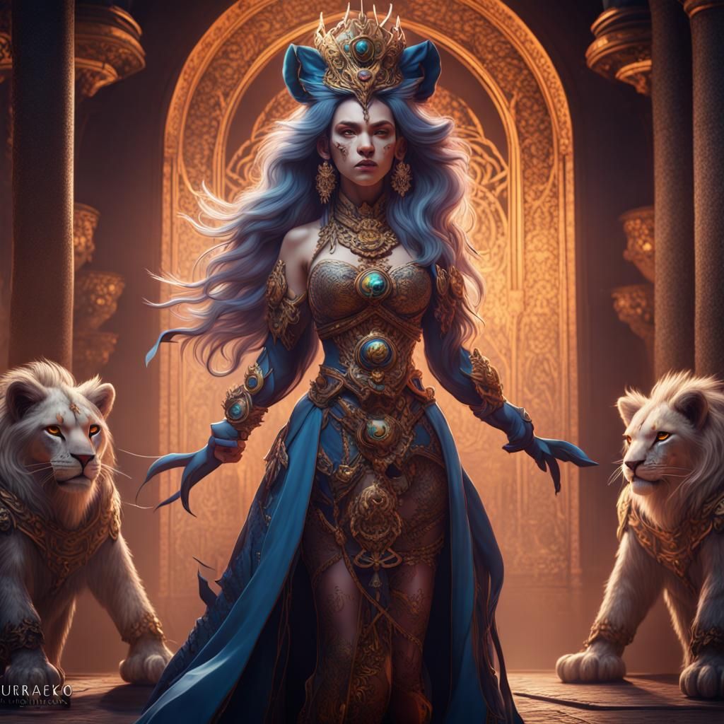 Lion Bakeneko Queen in Detailed Matte Painting