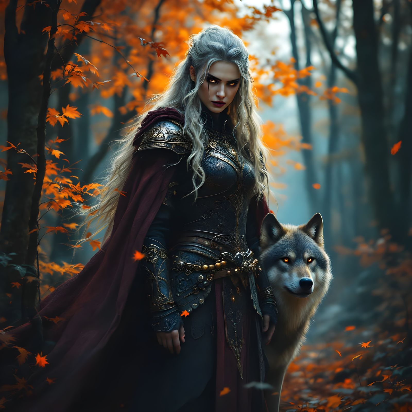 Norse Goddess of Autumn in Battle with Wolf
