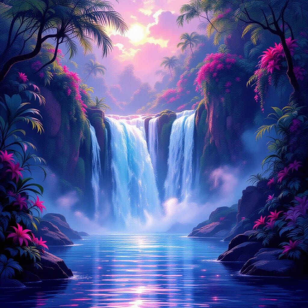 Ethereal Pink and Violet Waterfall in Exotic Flora