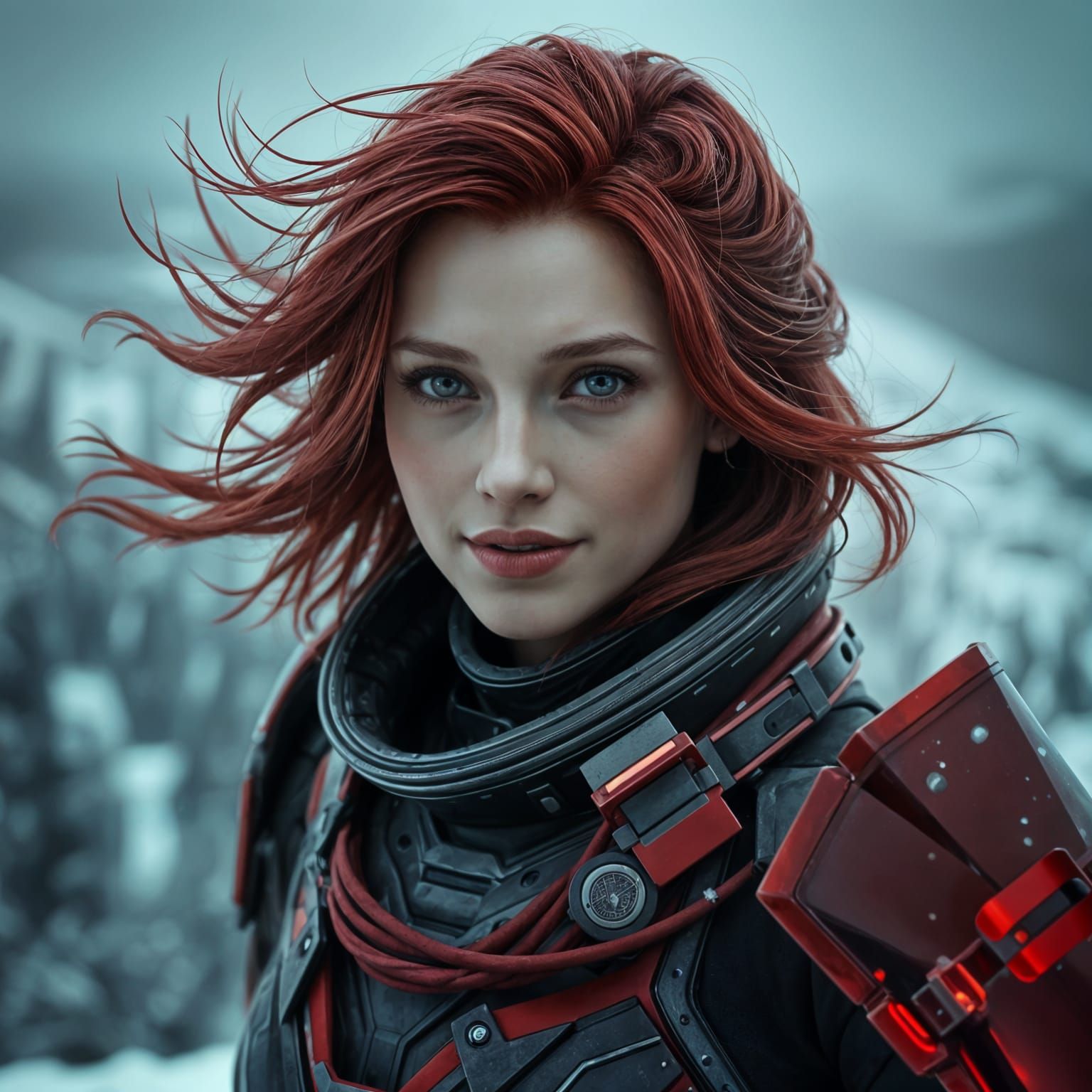 Striking Woman with Red Hair in Sci-Fi Armor