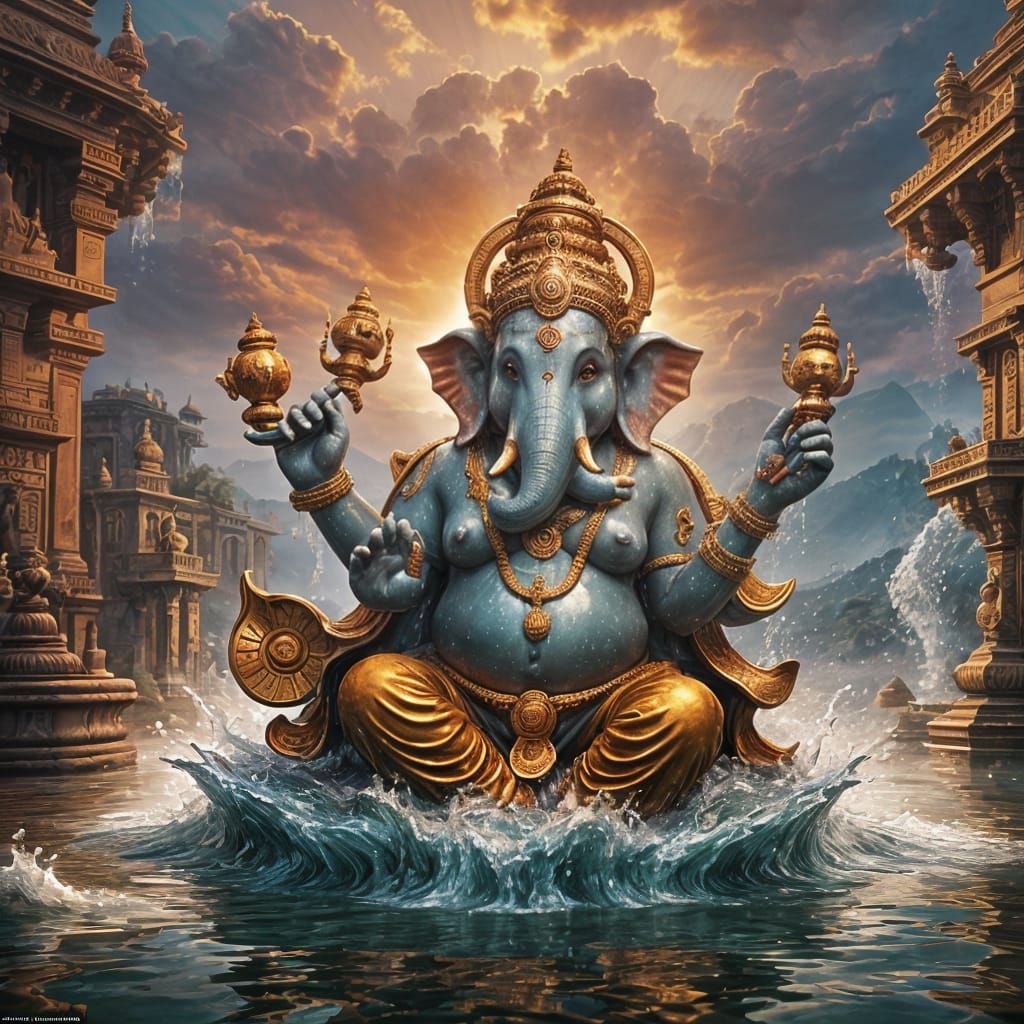 Ganesha's Joyful Bath: A Detailed Fantasy Painting