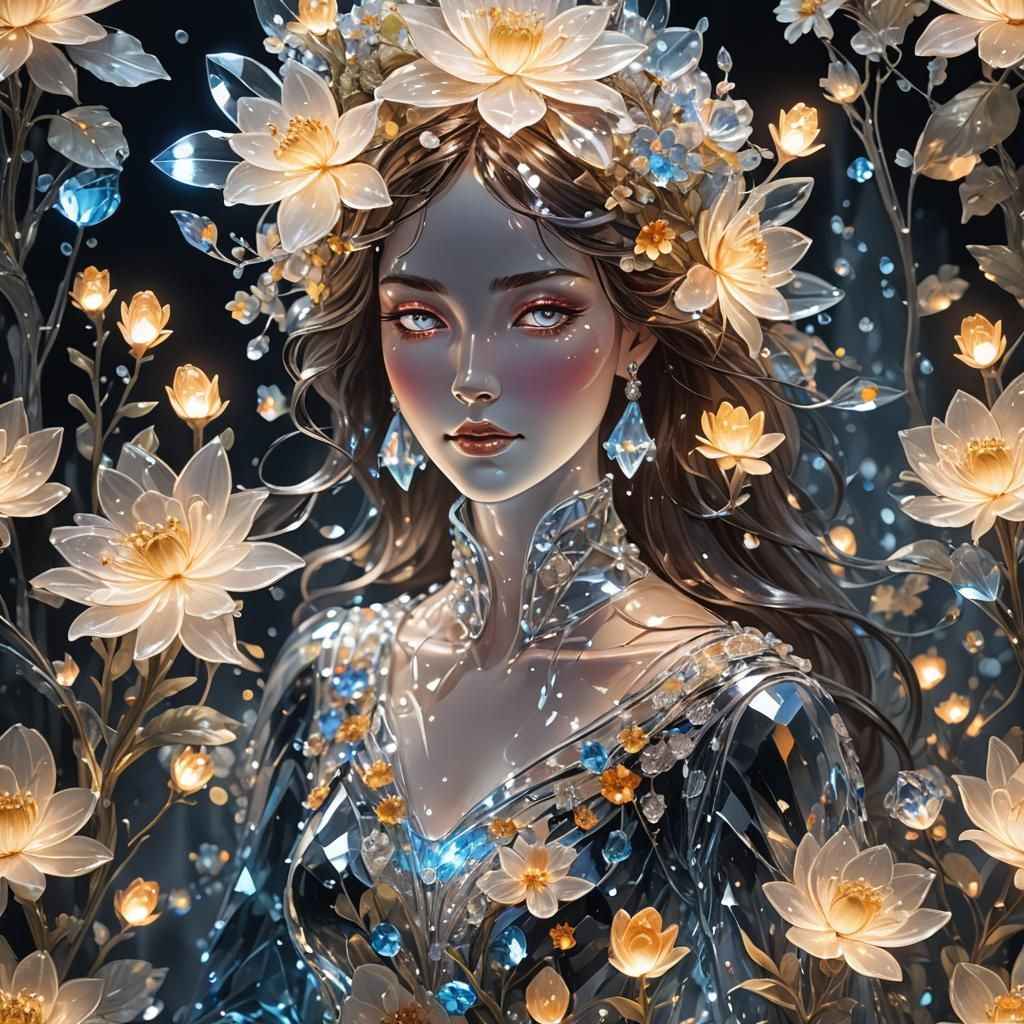 Crystal Woman with Glowing Glass Flowers