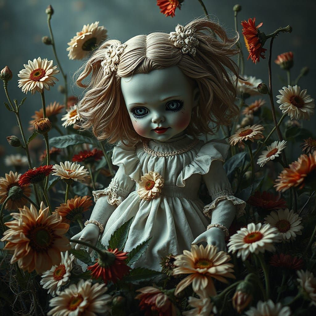 Cursed Doll Awakens in Decaying Garden: Dark Surrealism